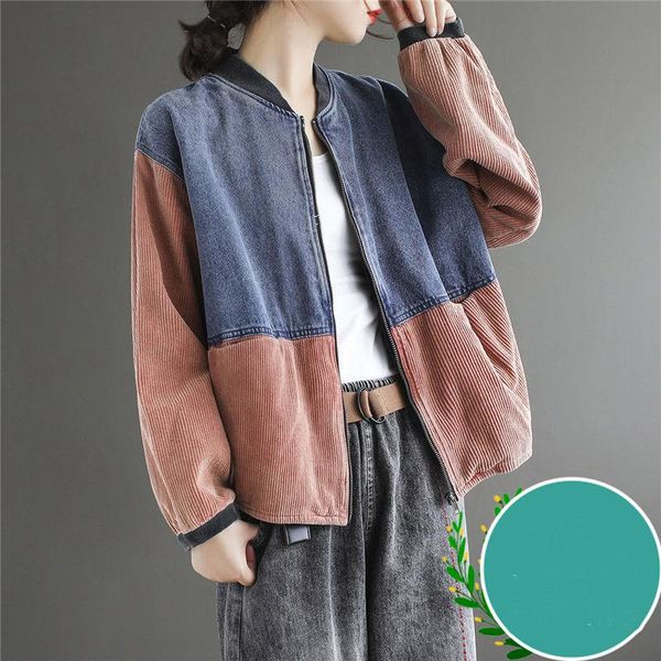 

women's jackets retro autumn corduroy short coat female loose and thin fashion hit color denim stitching jacket casual mujer chaqueta k, Black;brown