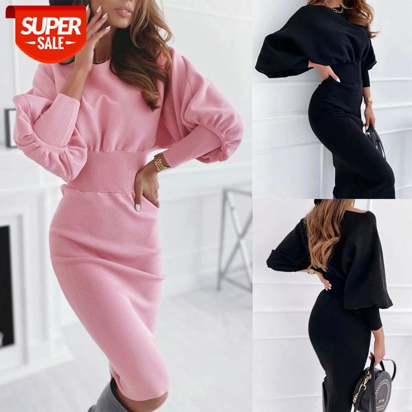 

women autumn elegant midi dress long lantern sleeve round neck solid color high waist casual stretch slim wrapped #w45a, White;black