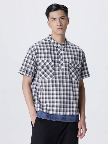 

men gingham print flap pocket half button placket shirt c1om#, White;black
