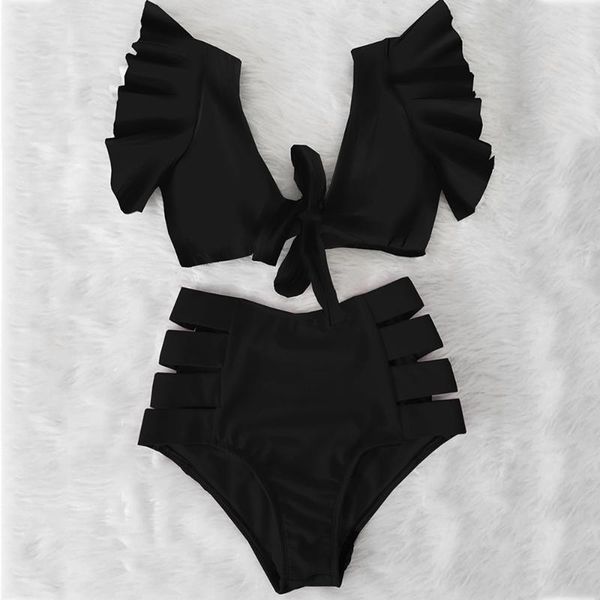 

women's swimwear bikinis 2021 double shoulder ruffle bikini set high waist women swimsuit v-neck bathing suit beach wear swim, White;black