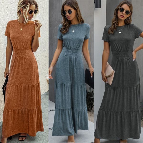 

casual maxi elegant womens dresses o neck short sleeve long summer solid draped high waist ruffle party robe vestidos, Black;gray