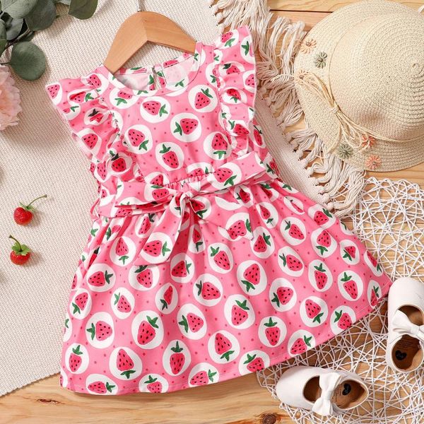 

girl's dresses girls summer sleeveless bow dress toddler infant kid sleeve ruffle strawberry princess children clothes, Red;yellow