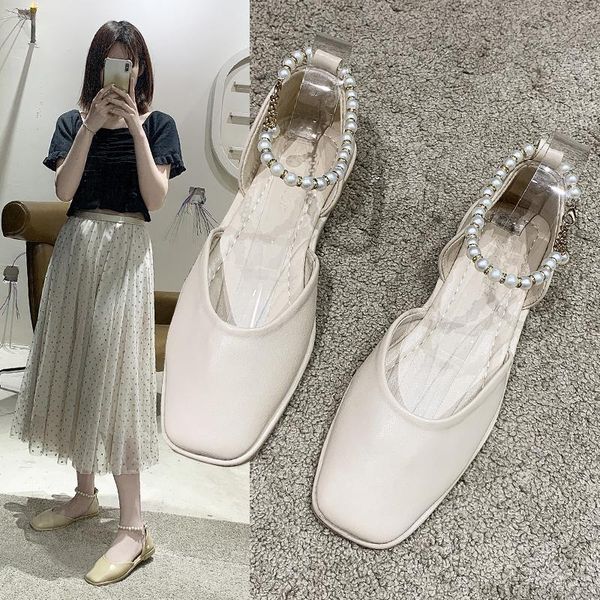

spring evening breeze gentle shoes square toe bag heel sandals flat pearl fairy single, Black