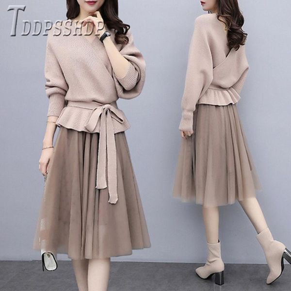 

two piece dress women long sleeve sweater skirt set sweaters + skirts suits, White