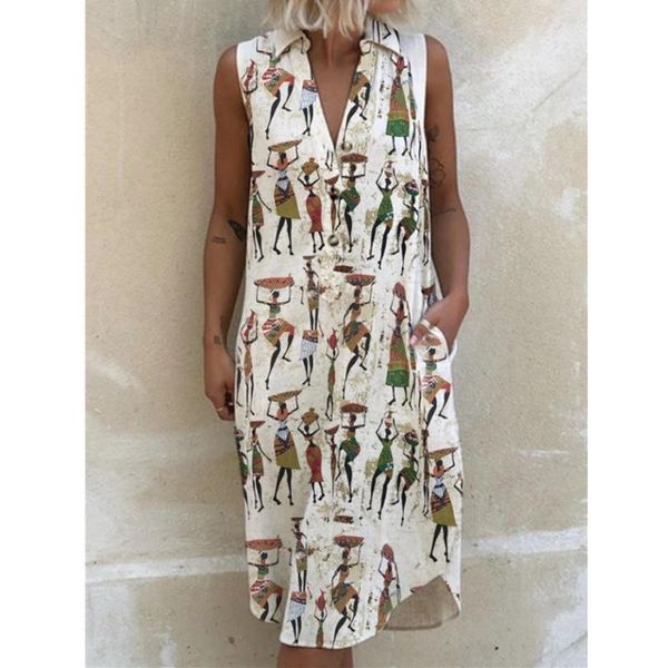 

casual dresses sleeveless long shirt dress summer buttons loose robe vestido v-neck print women's lapel korean clothing boho, Black;gray