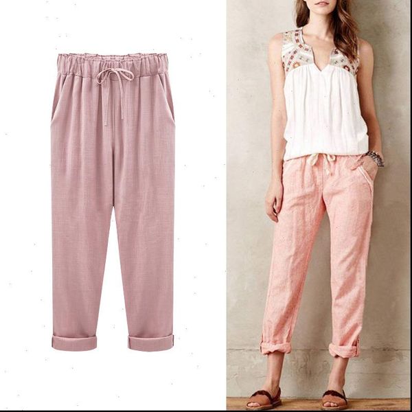 

plus size womens capri harem pants cotton thin women summer elastic waist pockets ladies trousers imitation linen vintage woman, Black;white