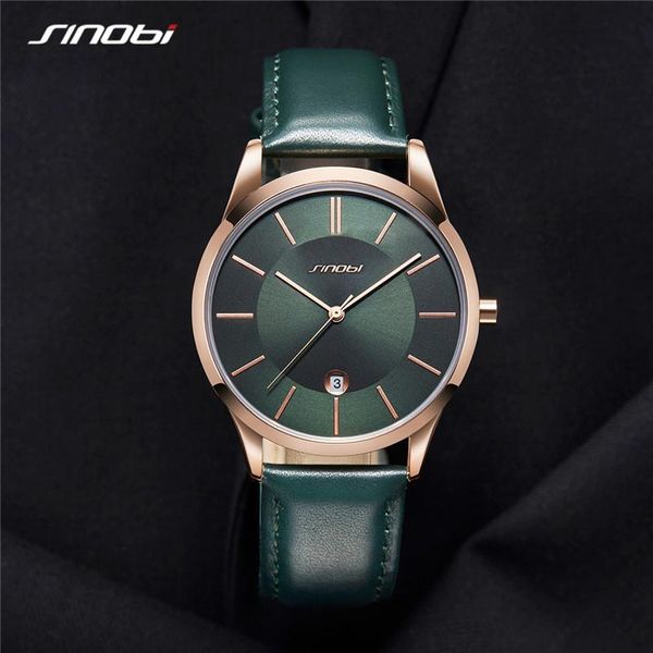 

wristwatches sinobi casual fashion brand men watches stainless steel calender male quartz wristwacthes green leather strap men's clock, Slivery;brown