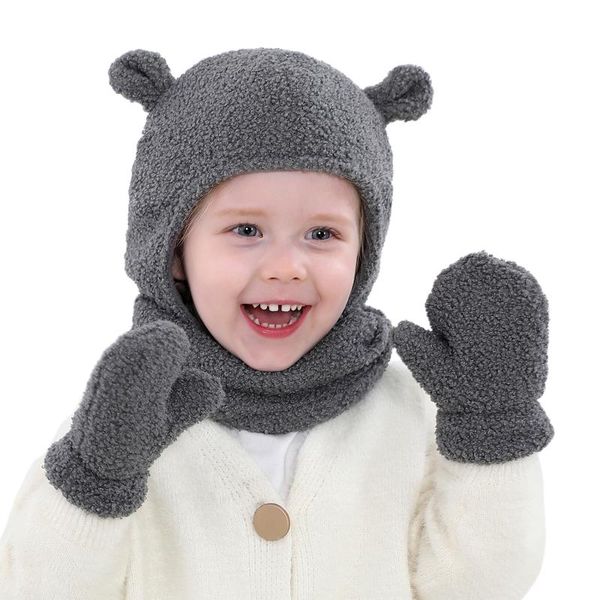 

children's mittens winter kids boys girls hat scarf gloves set warm ear 3d dcoration solid color pompoms beanie bib kit for toddler bab, White