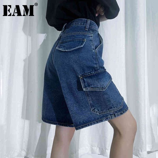 

[eam] high waist blue side pocke denim knee length trousers loose fit pants women fashion spring summer 1dd79360 21512