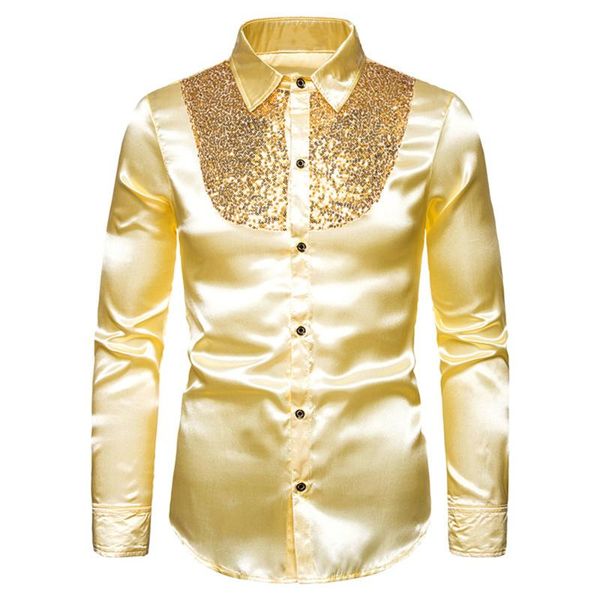 

men's pants sequin silk satin shirt men wedding groom dress shirts solid nightclub disco dance party prom custyme chemise homme, Black