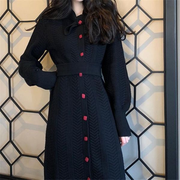 

autumn and winter loose waist slimming knee sweater dress mid-length knitted bottoming long-sleeved dresses women casual, Black;gray