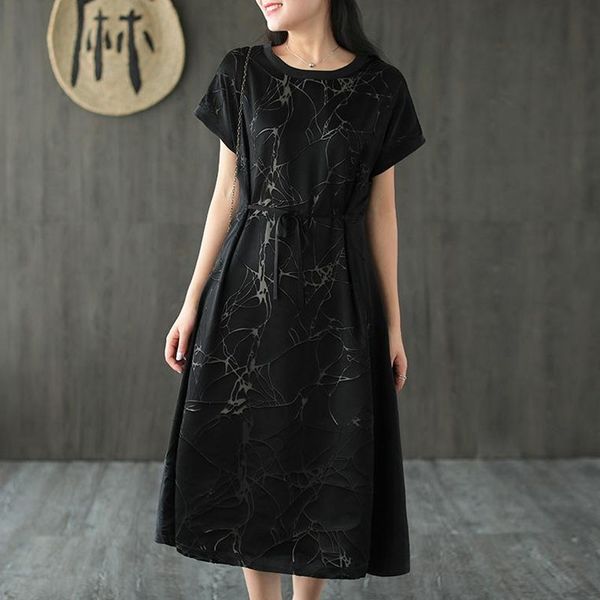 

johnature retro jacquard o-neck short sleeve fashion lace up dress summer loose comfortable women plus size dresses 210521, Black;gray