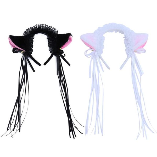 

hair accessories fluffy plush cat ears headband with small bells ribbon tassels ruffles lace lolita anime kawaii cosplay party hoop
