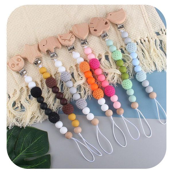 

pacifiers# 1pcs leaf star panda elephant beech wooden pacifiers holder silicone beads teething chew bottle strap