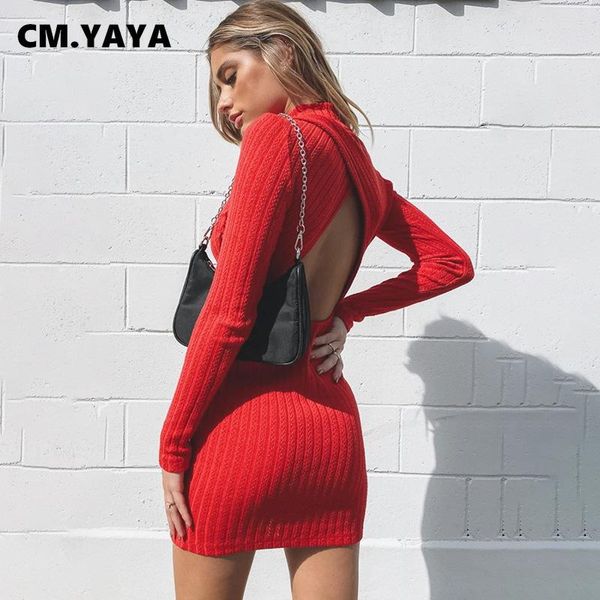 

casual dresses cm.yaya fall winter streetwear knitted women midi open back dress long sleeve bodycon club party pencil ribbed mini, Black;gray