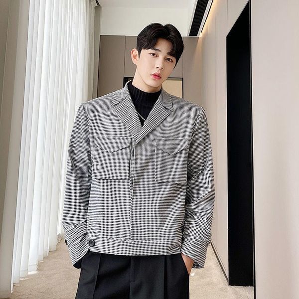 

men's jackets turn-down collar large pocket black and white lattice jacket coat 2021 autumn short coats, Black;brown