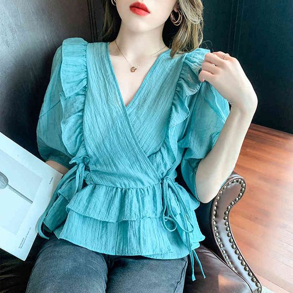 

women's knits & tees fluffy ruffles half sleeved v neck chiffon blouses draw strings casual a-line crepe pull-over blue white