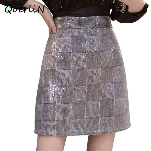 

weave sequin check high waist skirts all-match a-line short mini fashion saia plus size zipper liner 210601, Black