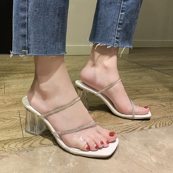 

slippers square heel high-heeled shoes lady casual jelly slides slipers women med block luxury transparent glitter 2021 crystal, Black