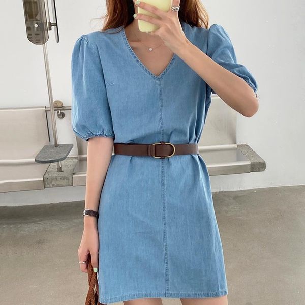 

casual dresses [ewq] 2021 summer simple high waist v neck ladies dress women elegant short sleeve denim blue mini gift belt qv1424, Black;gray