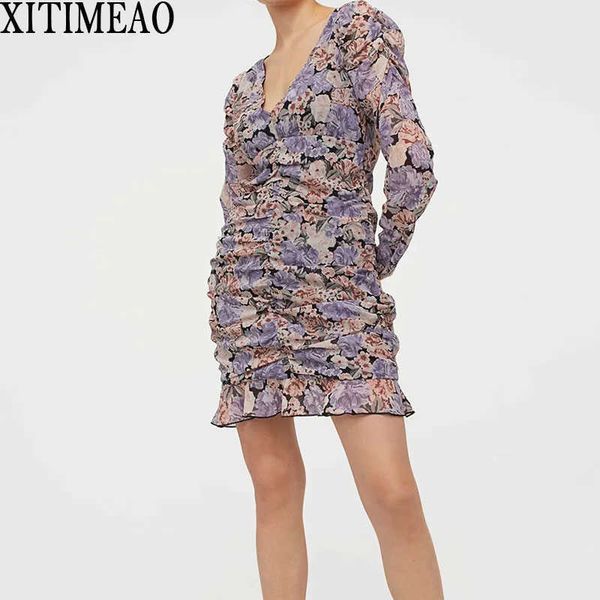 

za autumn vintage ruffles floral print chiffon dress women casual long sleeve dress slim female boho mini party vestidos 210602, Black;gray