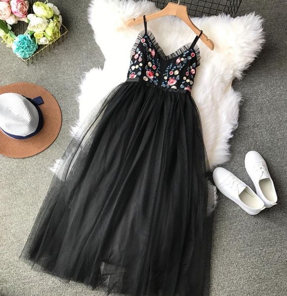

womens dresses summer beach v neck boho dress women mesh floral embroidery elegant backless ladies korean vestido kj1714, Black;gray