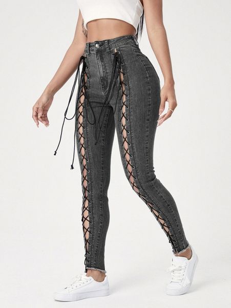 

sxy high waist lace up skinny jeans z3na#, Blue
