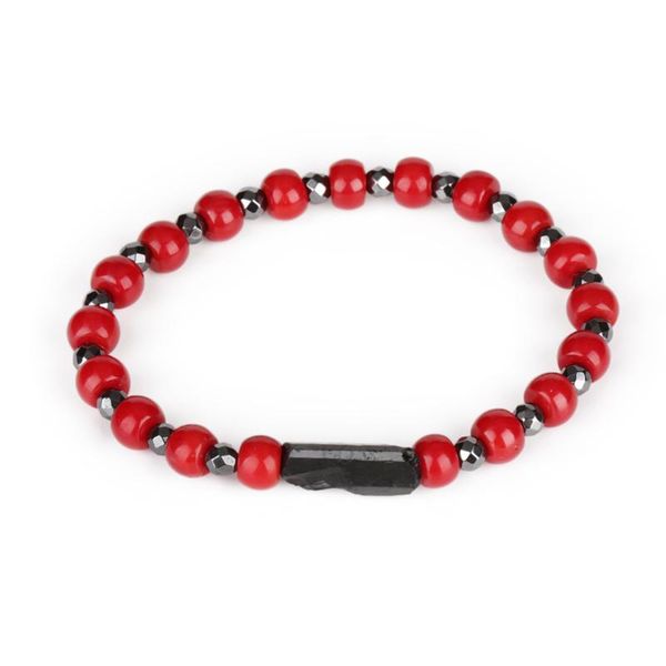 

beaded, strands 6mm chunky flat red coral bead alternate 4mm natural black faceted hematite healing stone charm energy bracelet for man wome