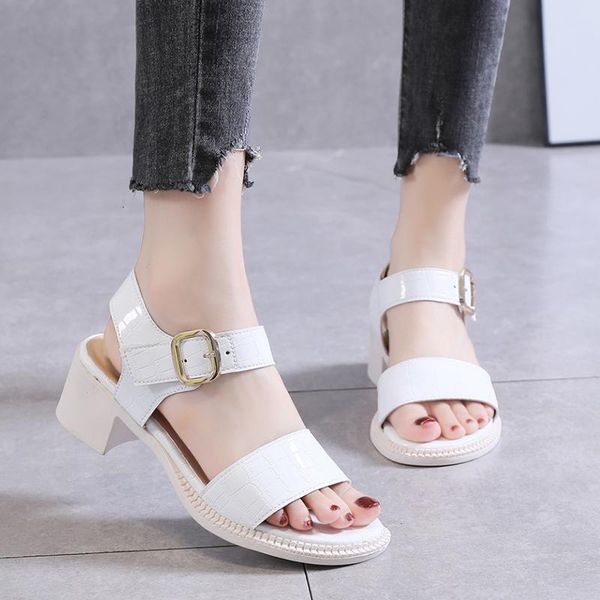 

sandals white open toe summer sandalias mujer women's square heels fashion patent leather buckle casual shoes woman black