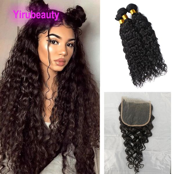 

peruvian water wave baby hair remy wefts two bundles with 5 by 5 lace closure natural color 16-30inch curly, Black;brown