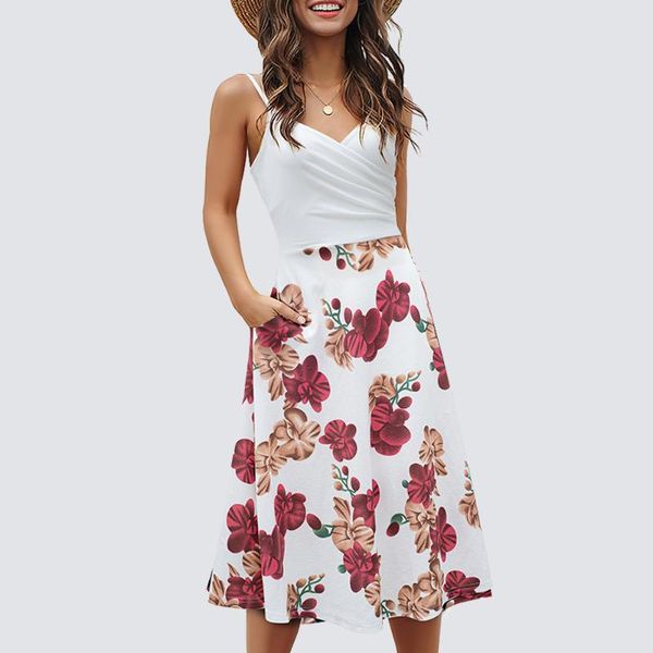 

casual dresses women summer wrap spaghetti strap floral print patchwork a-line midi dress with pockets ha264, Black;gray