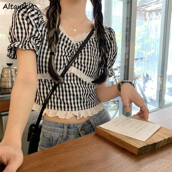

women's blouses & shirts lace puff sleeve crop women v-neck plaid sweet harajuku slender fashion all-match streetwear leisure ins, White