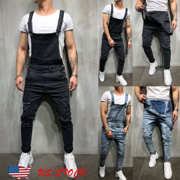 

men's pants distressed denim carpenter overalls bib jumpsuits moto biker, Black