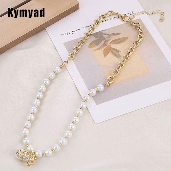 

chokers kymyad cubic zirconia purse pendant necklaces for women jewelry gold silver color pearl beads chains copper collares, Golden;silver