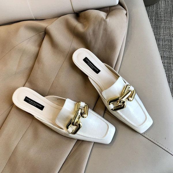

slippers 2021 unparalleled beige square-toe muller shoes, one-step baotou half-female thick heels and chain sandals, Black