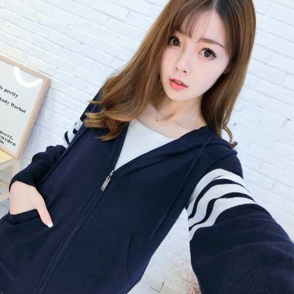 

hoodies autumn and winter korean hooded tb knitted cardigan coat loose casual zipper hoodie woolen sweater for women, Black