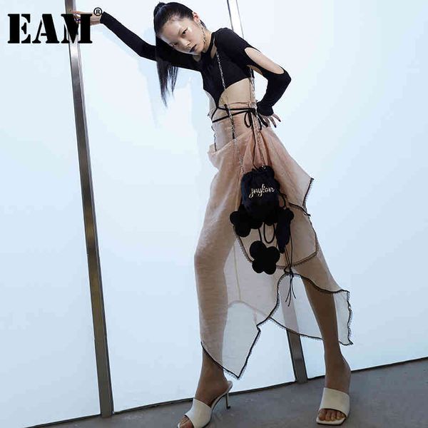 

[eam] high waist apricot irregular fold perspective long half-body skirt women fashion spring summer 1dd8641 21512, Black