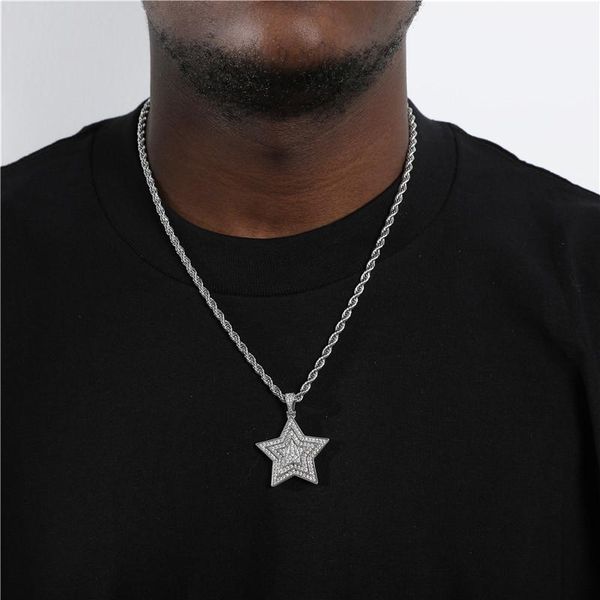 

pendant necklaces hip hop iced out cubic zirconia bling five-pointed gold silver color stars pendants men jewelry with tennis chain