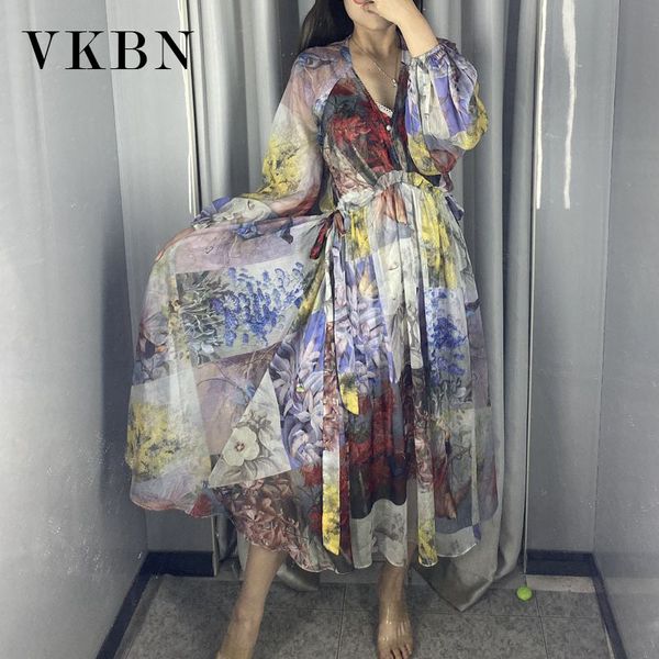 

vkbn summer dress women muslin print v neck loose long lantern sleeve purple floral maxi dresses 210507, Black;gray