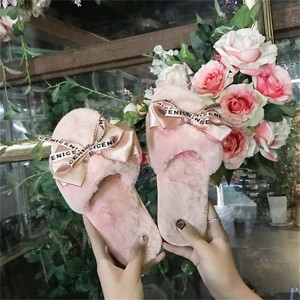 

cootelili women plush home slippers with faux fur warm shoes woman slip on flats cute bowtie female slides plus size 41 y1120, Black