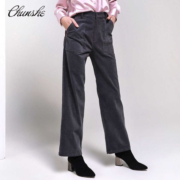

[chunshe] designer women's casual pants straight tube show thin corduroy high waist 116, Black;white