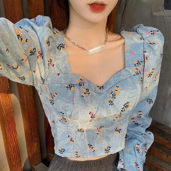 

women's blouses & shirts vintage floral printed square neck blouse women short slim puff long sleeve denim fashion casual ft598, White
