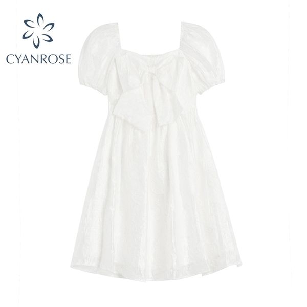 

summer bow design women dress fahion chic square collar puff short sleeve casual soild color female mini es 210515, Black;gray