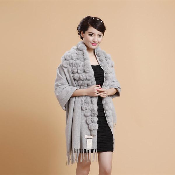 

scarves wholesale price wool stole real fur ball pompom women winter scarf purple camel 13 colors long tassel wraps s32, Blue;gray