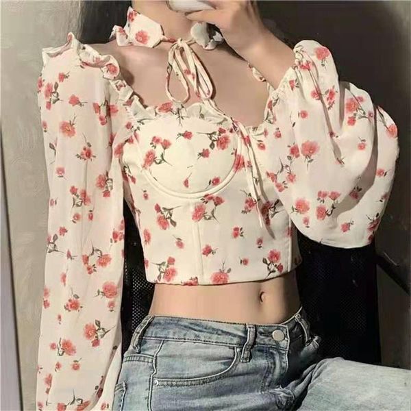 

women's blouses & shirts 2021 women gothic floral print elegant chiffon blouse long sleeve pink lady crop clothing, White