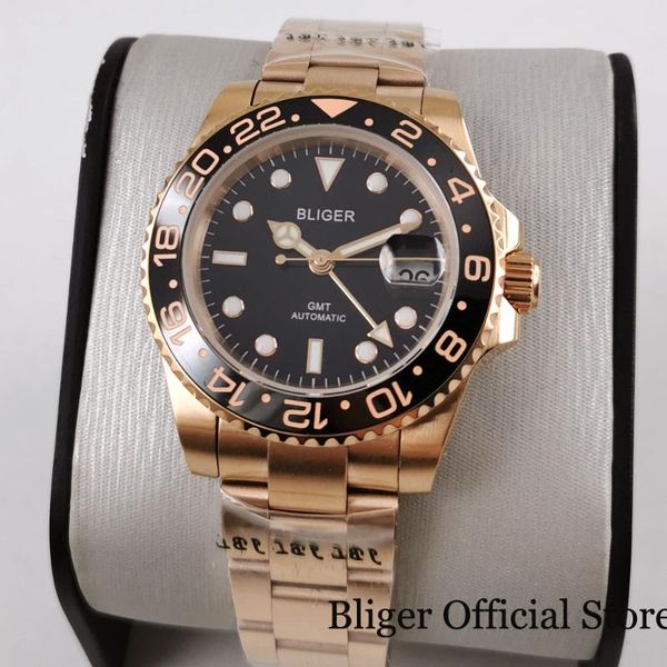 

wristwatches bliger whole rose gold men watch self winding movement gmt hand mental strap ceramic bezel sapphire glass, Slivery;brown