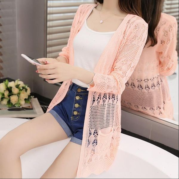 

thin knit cardigan sweater womens female spring jacket in the long section of a hollow loose shawl, White;black
