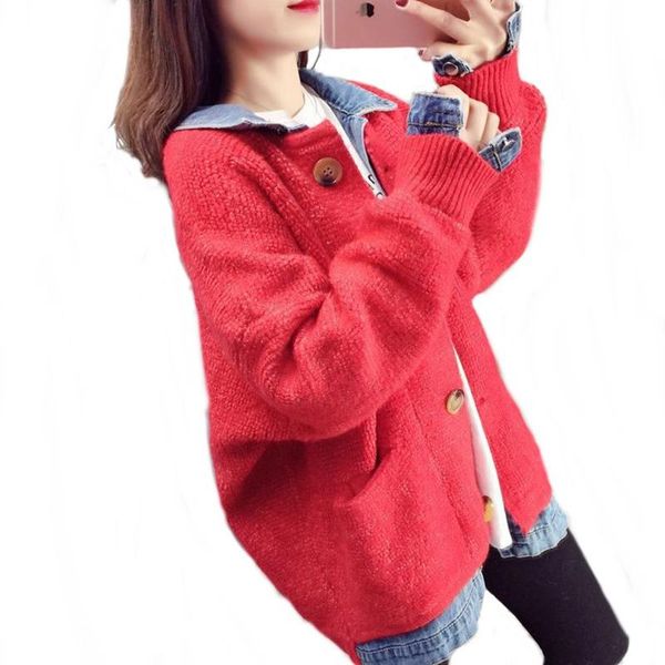 

women's knits & tees nice autumn spring sweates denim patchwork solid korean style pullovers turn down colla single breasted casual out, White