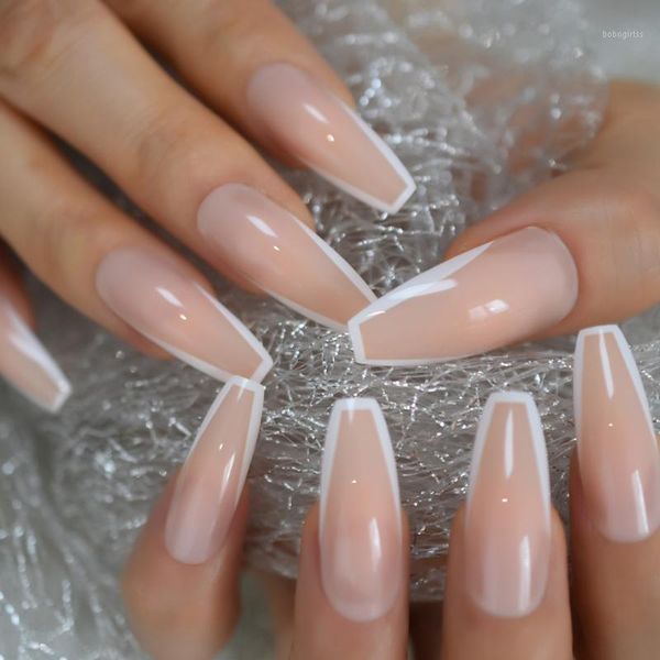 

glossy white french press on false nails extra long coffin ballerina shape uv gel nude fingersnails adhesive tapes 24pcs1, Red;gold