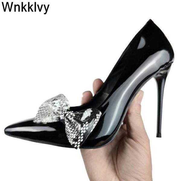 

dress shoes shiny leather pumps high heels women pointed toe runway design butterfly knot decor slip on stilettos single, Black